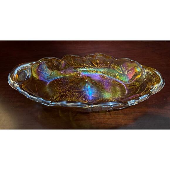 Carnival Glass Other - Vintage Carnival Glass Serving Dish Iridescent 9.5” Amber Gold Sunflower Design
